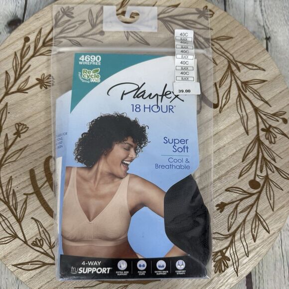 Playtex 18 hr Lace Bra Women Size 40C Black Wireless Smooth Breathable - Picture 4 of 7